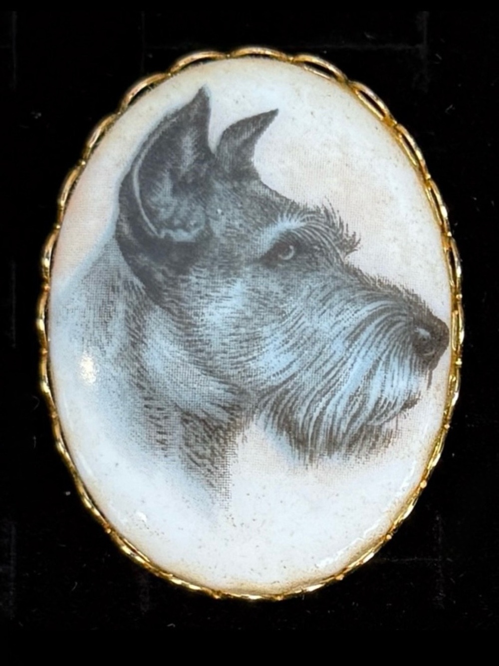 Vintage dog schnauzer, milk glass Cameo Brooch with Goldtone trim pin